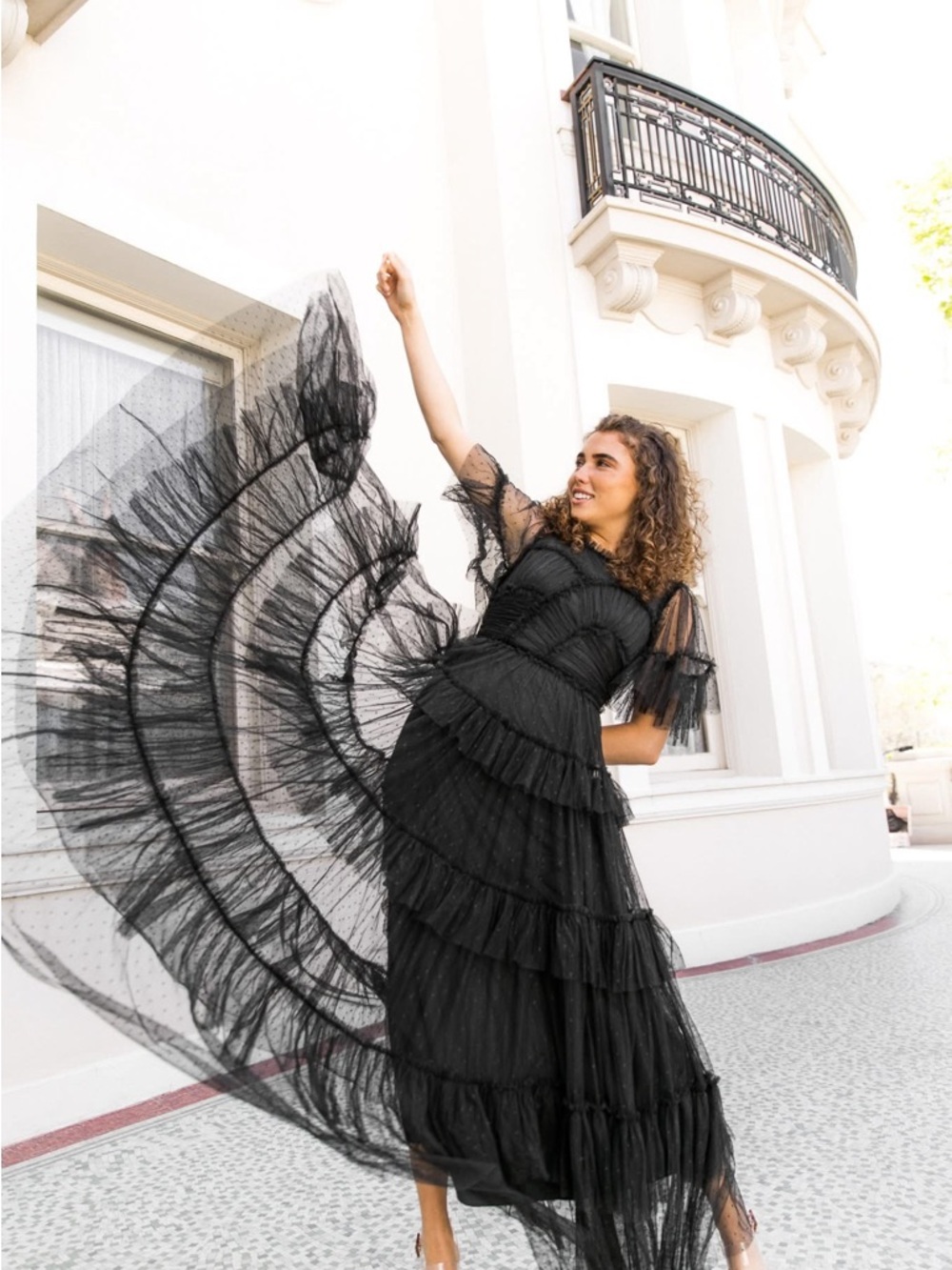 Ivy City Co Whimsical Tiered Black Tulle Maxi Dress
